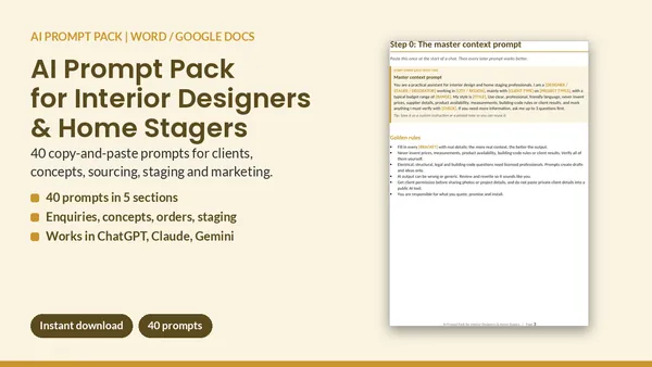 Cover of AI Prompt Pack for Interior Designers & Home Stagers - 40 Prompts