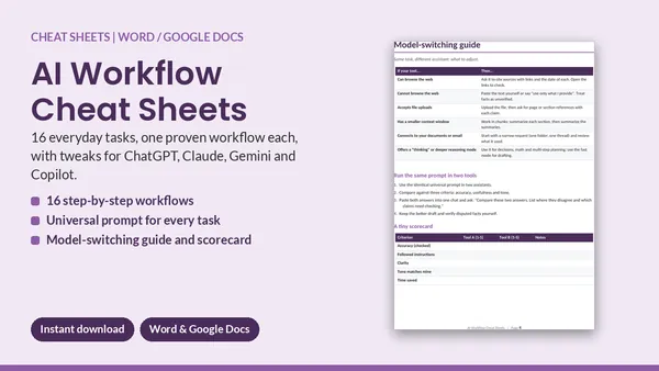 Cover of AI Workflow Cheat Sheets - 16 Tasks for ChatGPT, Claude, Gemini & Copilot