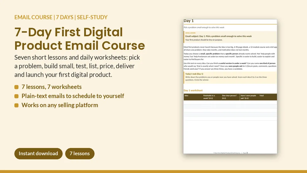 Cover of 7-Day First Digital Product Email Course - Lessons + Worksheets