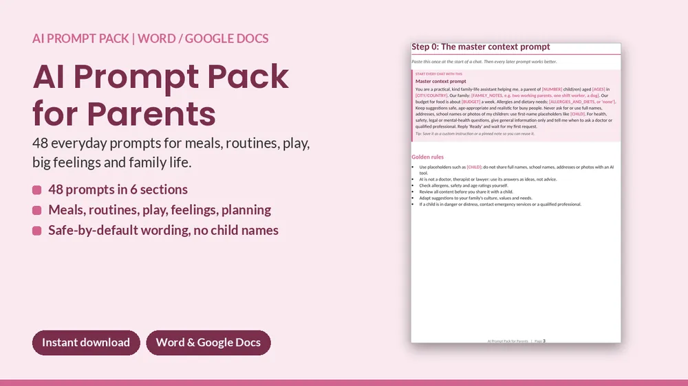 Cover of AI Prompt Pack for Parents - 48 Meal, Routine & Story Prompts