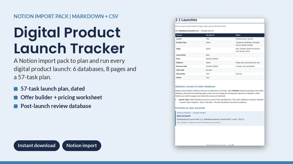 Cover of Digital Product Launch Tracker - Notion Import Pack with 57-Task Plan