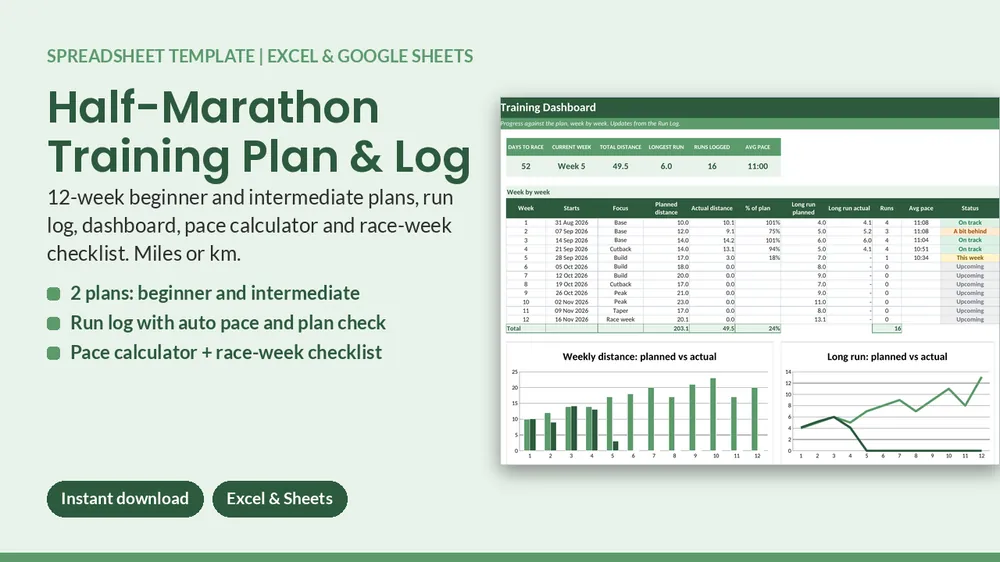 Cover of Half-Marathon Training Plan & Log - Excel & Google Sheets