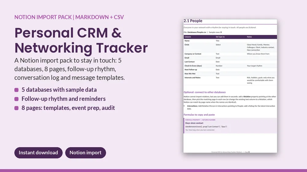 Cover of Personal CRM & Networking Tracker - Notion Import Pack (5 Databases)