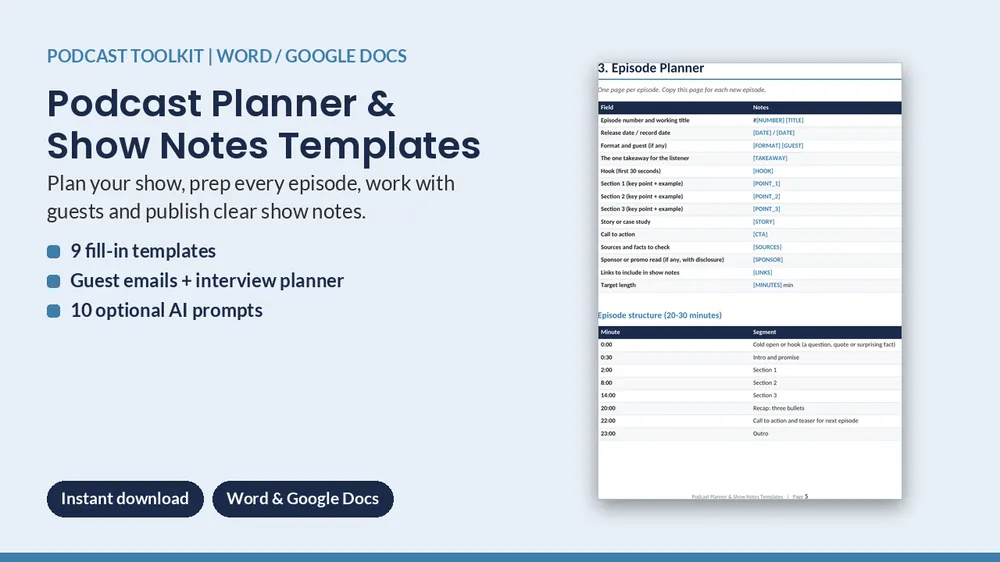 Cover of Podcast Planner & Show Notes Templates - Episode, Guest & Release Kit