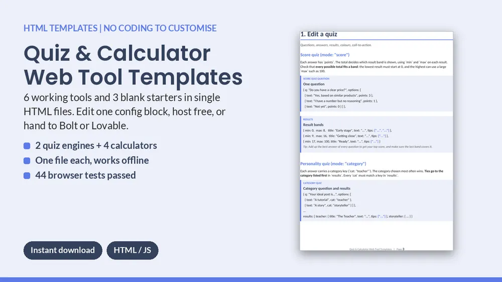 Cover of Quiz & Calculator Web Tool Templates - 9 Single-File HTML Tools