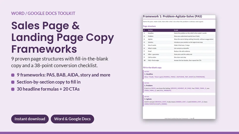 Cover of Sales Page & Landing Page Copy Frameworks - 9 Fill-in Templates (Docs)