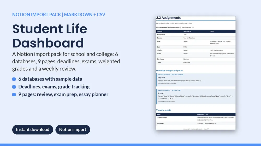 Cover of Student Life Dashboard - Notion Import Pack (6 Databases, Grade Tracker)