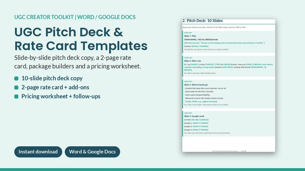 Cover of UGC Pitch Deck & Rate Card Templates - 10 Slides, Packages & Pricing