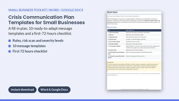 Cover of Crisis Communication Plan Templates for Small Businesses - 10 Messages