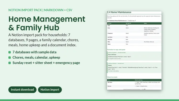 Cover of Home Management & Family Hub - Notion Import Pack (7 Databases)