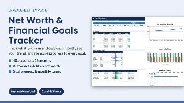 Cover of Net Worth & Financial Goals Tracker - Excel & Google Sheets Template