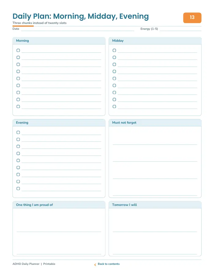 Inside page 1 of ADHD Daily Planner & Brain Dump Pages