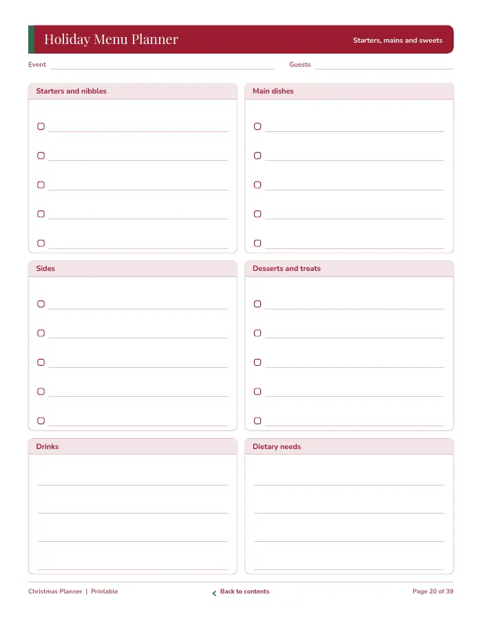 Inside page 2 of Christmas Planner