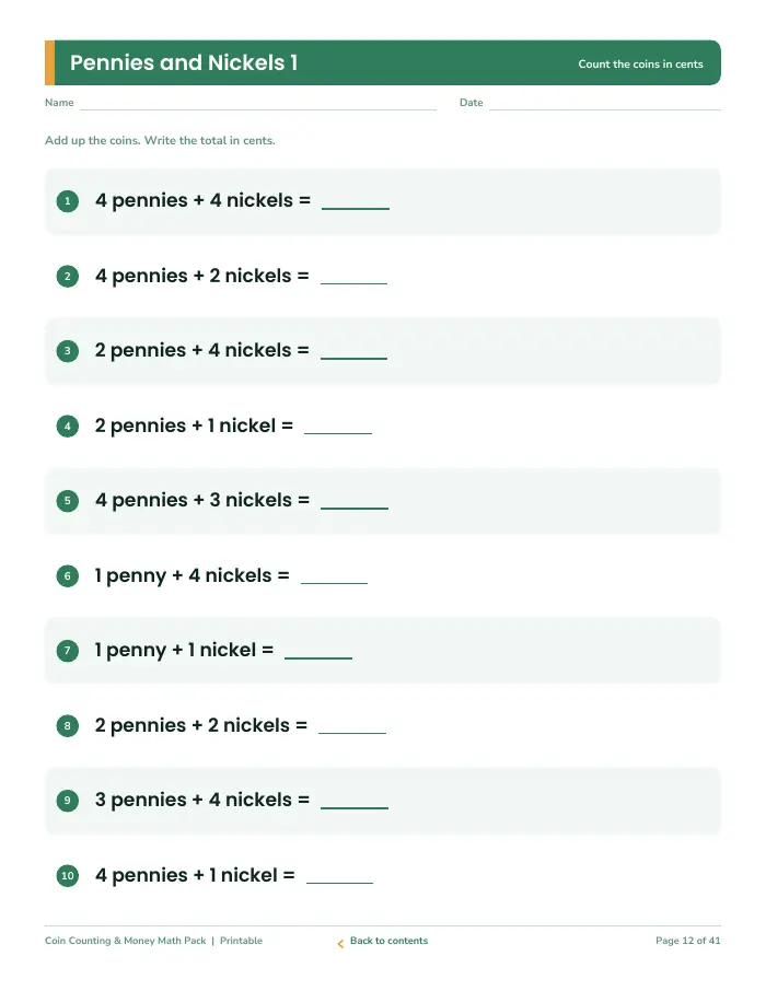 Inside page 1 of Coin Counting & Money Math Pack