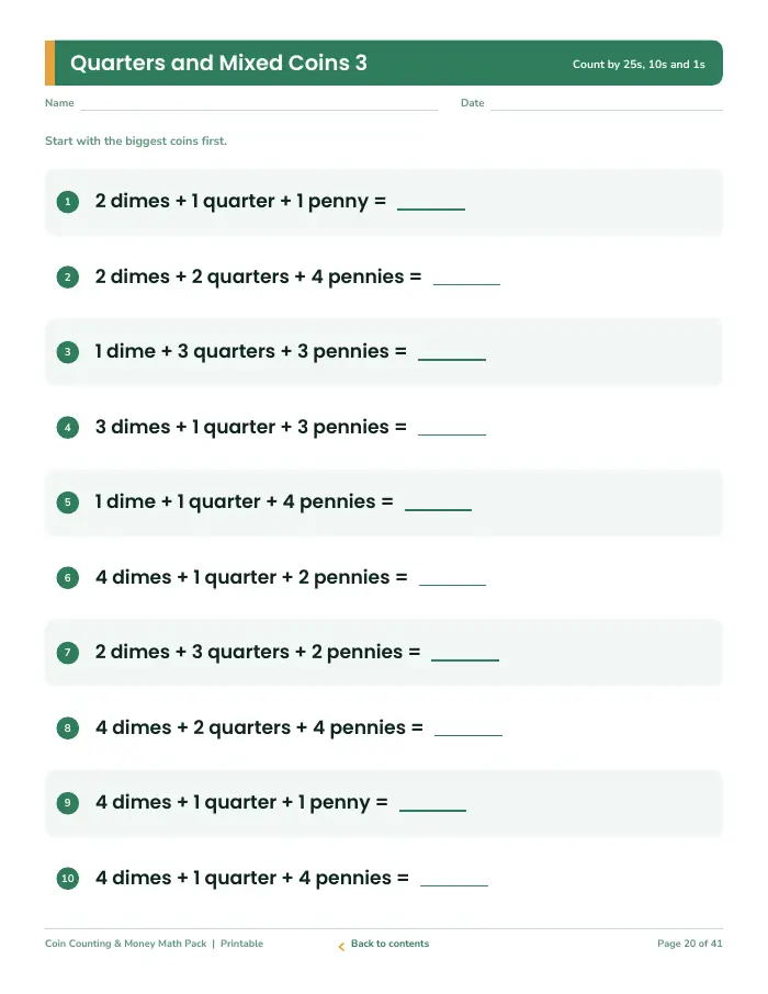 Inside page 2 of Coin Counting & Money Math Pack