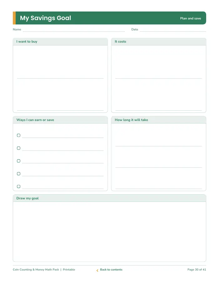 Inside page 3 of Coin Counting & Money Math Pack