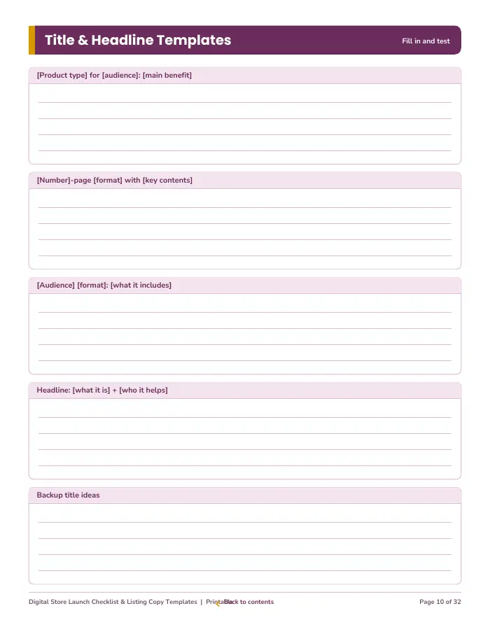 Inside page 1 of Digital Store Launch Checklist & Listing Copy Templates