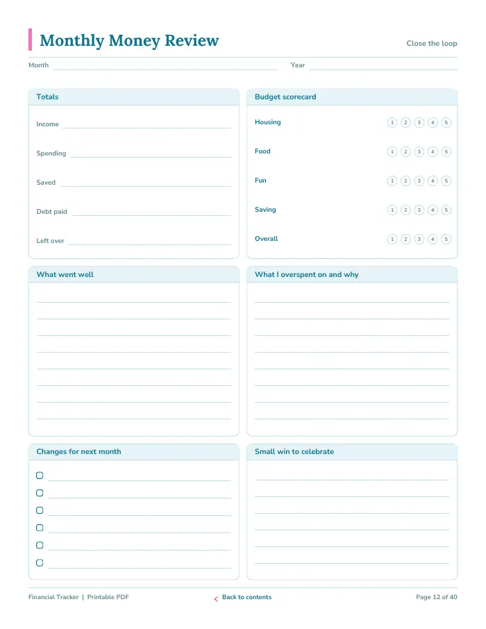 Inside page 1 of Financial Tracker