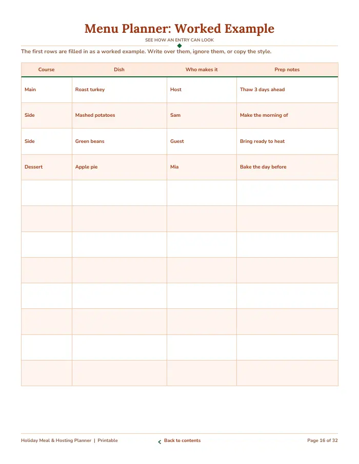 Inside page 2 of Holiday Meal & Hosting Planner