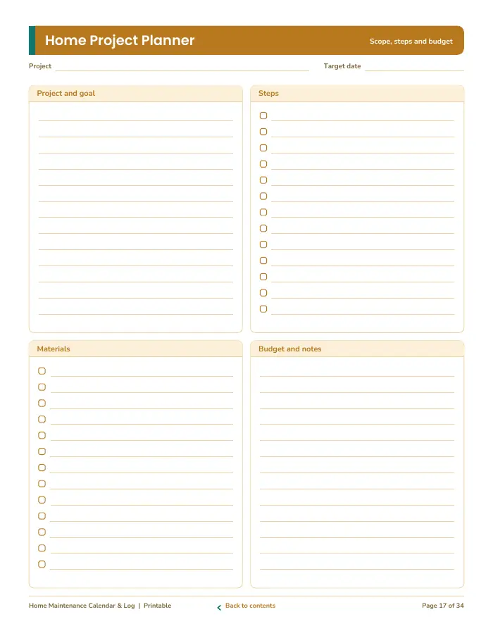 Inside page 2 of Home Maintenance Calendar & Log