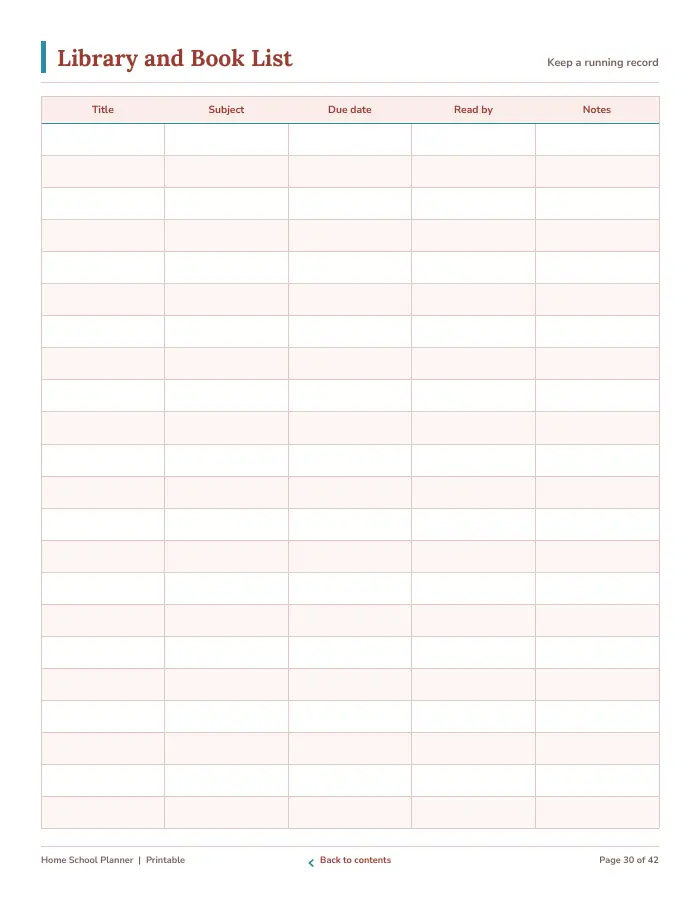 Inside page 3 of Home School Planner