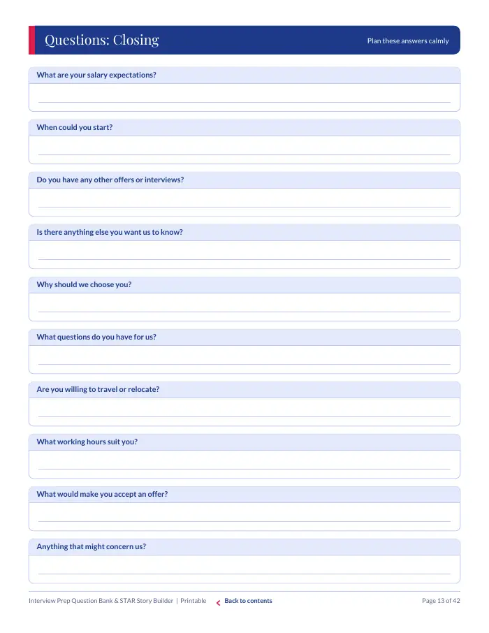Inside page 1 of Interview Prep Question Bank & STAR Story Builder
