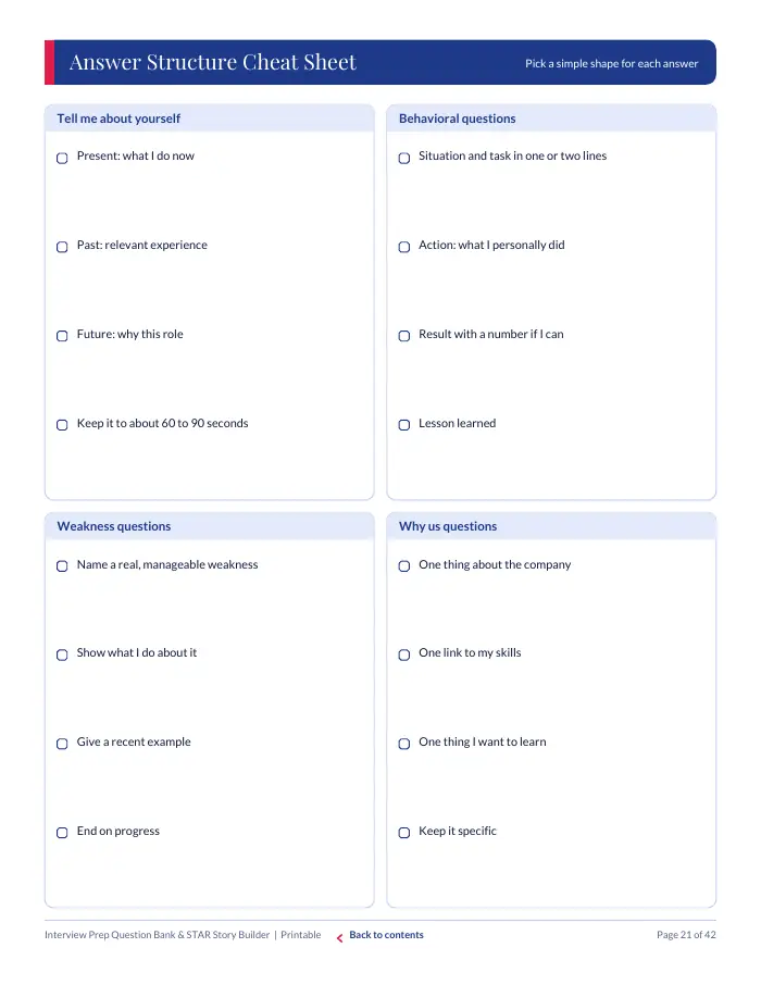 Inside page 2 of Interview Prep Question Bank & STAR Story Builder