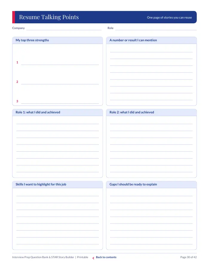 Inside page 3 of Interview Prep Question Bank & STAR Story Builder