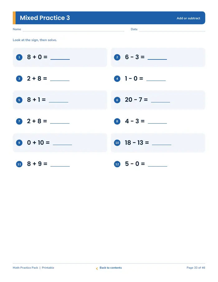 Inside page 3 of Math Practice Pack