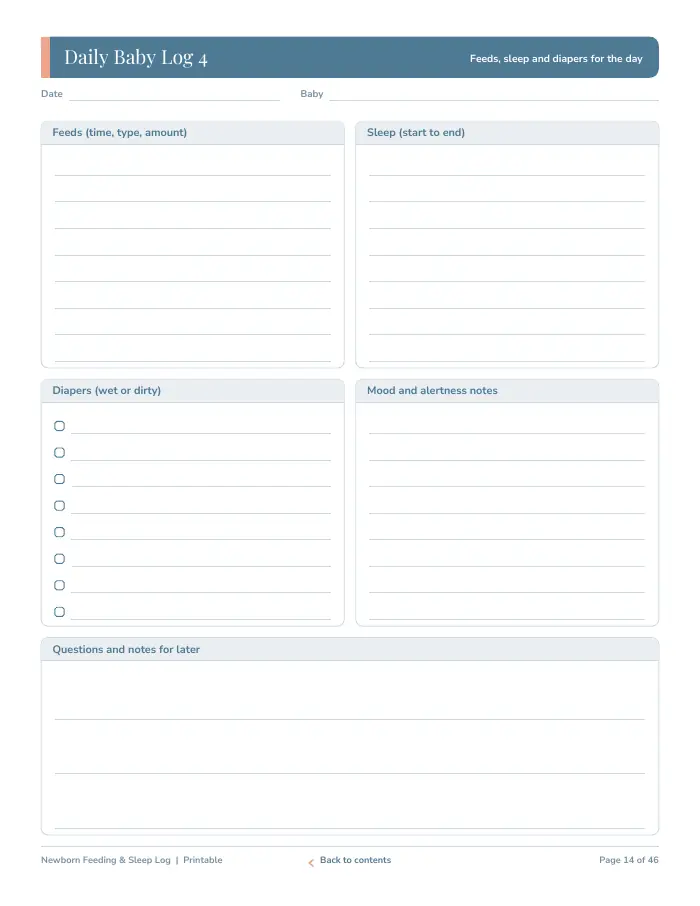 Inside page 1 of Newborn Feeding & Sleep Log
