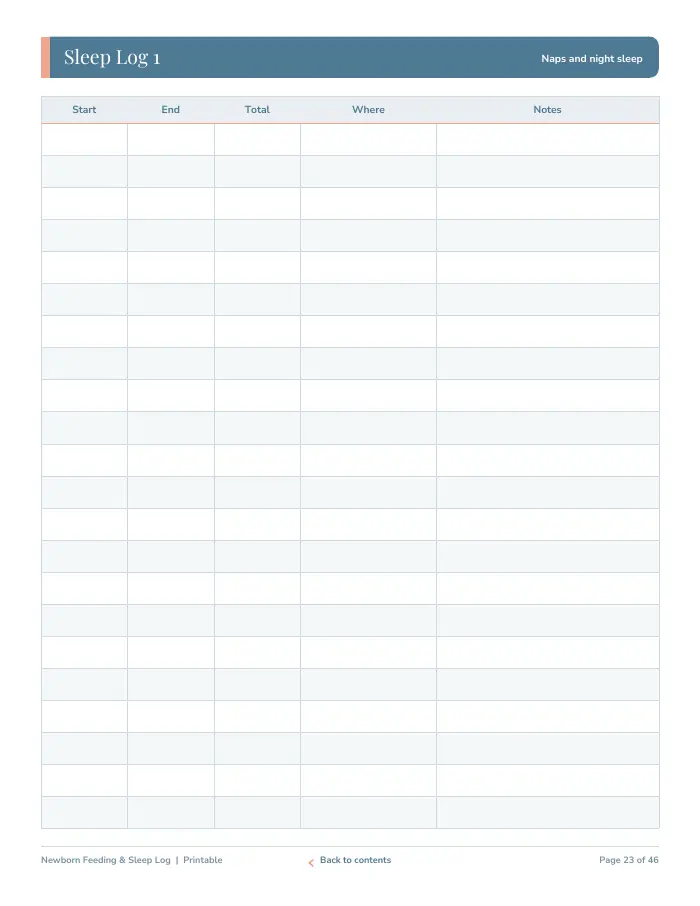 Inside page 2 of Newborn Feeding & Sleep Log