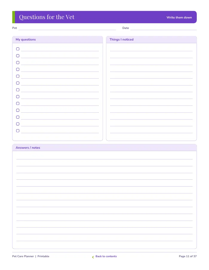 Inside page 1 of Pet Care Planner