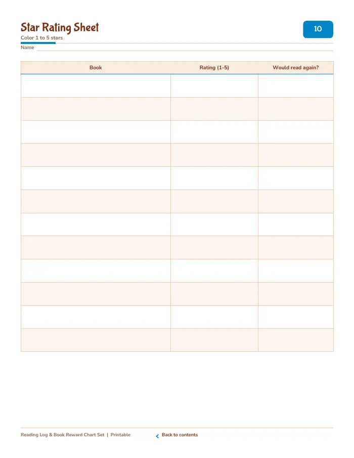 Inside page 1 of Reading Log & Book Reward Chart Set