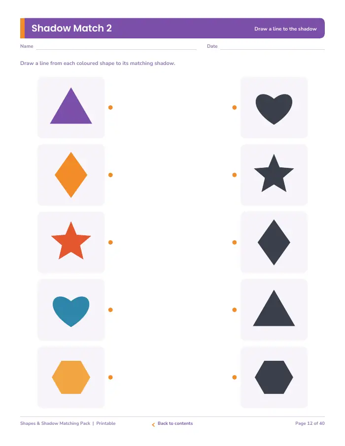Inside page 1 of Shapes & Shadow Matching Pack