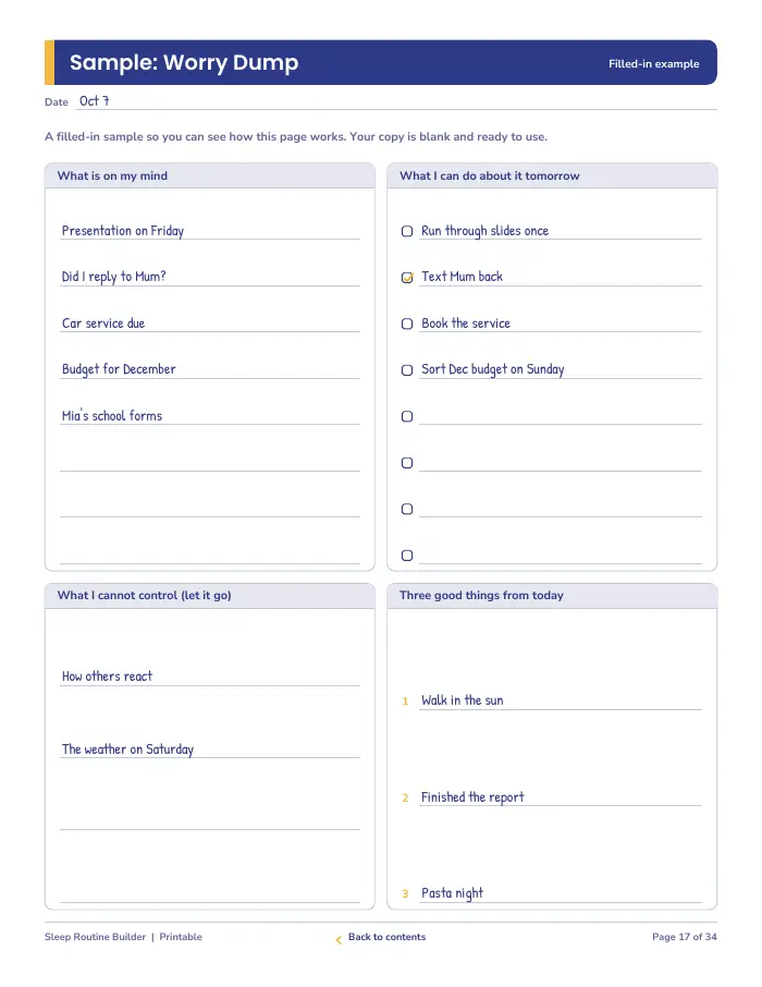 Inside page 2 of Sleep Routine Builder & Sleep Log