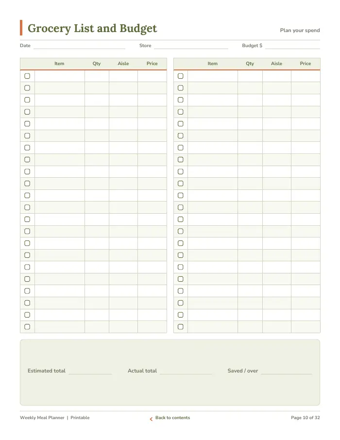 Inside page 1 of Weekly Meal Planner