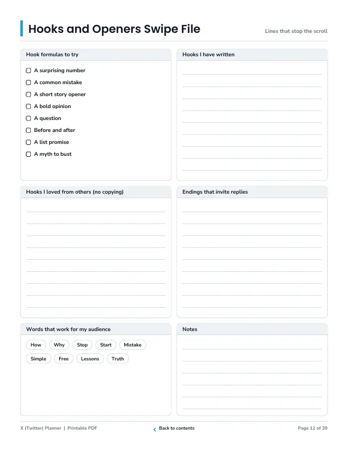 Inside page 1 of X (Twitter) Planner