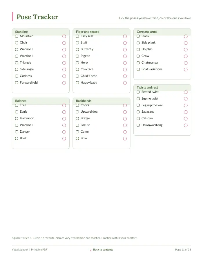 Inside page 1 of Yoga Logbook