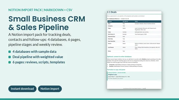 Cover of Small Business CRM & Sales Pipeline - Notion Import Pack